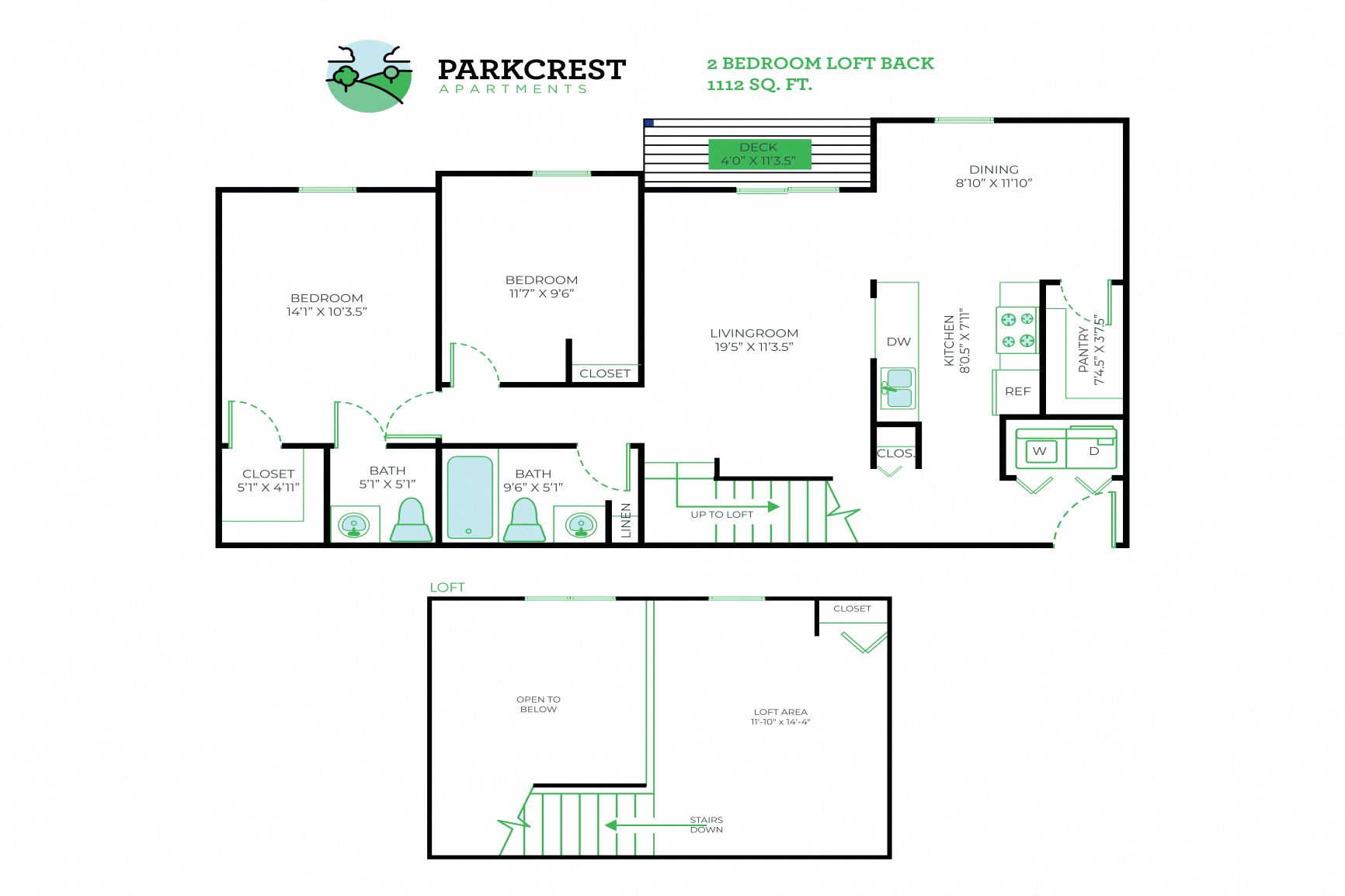 Floor plan for 2 beds, 1.5 baths, 1112 sqft